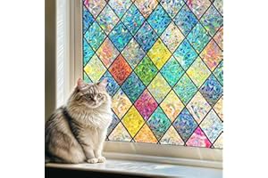 Qualsen Rainbow Window Film Privacy Film for Glass Windows Diamond Pattern Decorative Stained Glass Window Film Self Adhesive Static Cling Anti UV Window Vinyl for Home 30x100cm
