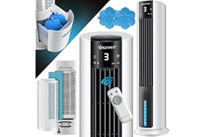 KESSER® 4en1 Aire Acondicionado móvil | Enfriador de Aire portátil Ventilador de Torre con Control Remoto | humidificador, ionizador, Temporizador, depósito de Agua, 60W, Climatizador, Blanco/Negro