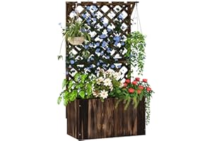 Outsunny Wooden Planter with Trellis, Freestanding Raised Garden Bed with Drainage Holes, Outdoor Planter Box with Liner for Vegetables, Herbs and Flowers, Carbonised