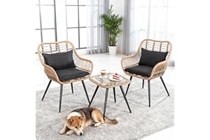 ‎OC ORANGE-CASUAL OC Orange-Casual Bistro-Set, Gartenmöbel-Set aus handgewebten Rattan, Beistelltisch mit Glastischplatte Balkonmöbel-Set für 2 Personen, Korbsessel für Balkon, Garten, Beige Rattan & Schwarz Kissen