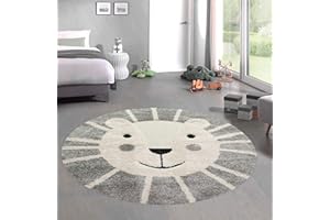 CARPETIA Teppich-Traum Alfombra por Habitación de Niños & Bebés Moqueta de Juego 3D Efecto Pelo Alto y Bajo Sisal con Motivo de León en Crema Gris Blanco, 120 cm Redondo