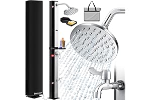 KESSER® Douche solaire de jardin, 60 l, avec étagère de douche en métal, capot de protection et sac, eau chaude, max. 60 °C, pommeau de douche à effet pluie et robinet, noir/argenté