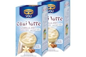 Krüger Chai Latte Classic India menos dulce, vainilla-canela, té de la leche de bebida y templado, 2 Pack, 2 x 10 monodosis bolsa