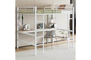 Huayz Letto a soppalco in metallo, 140 x 200 cm, per bambini, ragazzi e adulti, letto a castello con scrivania e scaffale (bianco, 140 x 200 cm)