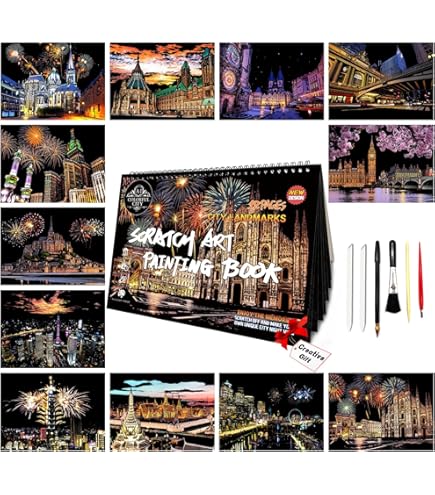 Arcobaleno Scratch Art – Set Carta Per Grattare A4 Per Bambini E Adulti – 4 Fogli Panorami Notturni (Ponte/Italia/Brasile/Praga) Con Penne E Pennello - 4