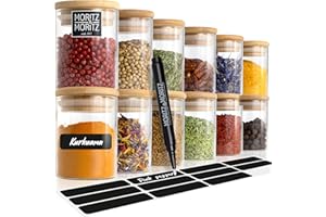 Moritz & Moritz 12x Spice Jars with Lids and Labels - 4.4oz/125 ml - Glass Spice Jars with Bamboo Lids with 12 x Labels and 1 x Chalk Pencil - Spices Jars - Seasoning Jars