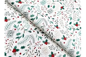 OCTROT Christmas Fabric - Holly & Red Berries on Ivory - Xmas Craft Fabric Material Metre