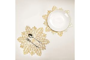 Snowkingdom Snowflake Placemats Gold Pack of 6 Laminated Metallic Vinyl Round 15 inch Winter Festival Table Decorations for Holiday Christmas Party Feast