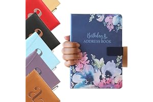 Carnet d'adresses et dates d’anniversaire A5 - Répertoire A à Z - en satin à motif floral - Fermeture magnétique (Bleu marine)