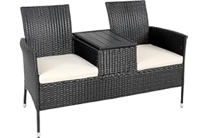 CASARIA® Polyrattan 2 Seater Garden Love Seat Bench | Integrated Table with Opening Storage Box | 7cm Cushions | Patio Balcony Cinema Furniture | 320kg Weight Capacity | 143x64x88cm