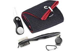 Mile High Life Serviette de golf en microfibre gaufrée Brosse de nettoyage pour rainure pliable avec marqueur magnétique, ., Noir avec serviette rouge, brosse et divot incurvé.