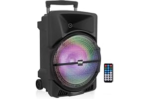 PYLE Sistema de Altavoces, PA,1200W, Bluetooth, Portatil, Recargable, Interiores, Exteriores, subwoofer de 12”, Tweeter de 1”, grabación, micrófono, Luces de Fiesta, Radio USB/SD, Negro