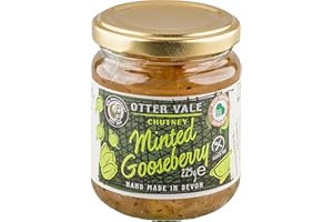 Otter Vale Minted Gooseberry Chutney, gooseberry fruitiness with a hint of mint, hand-made in Devon, gluten-free, 225 g glass jar