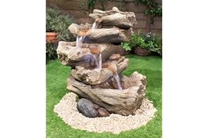 AMBIENTÉ Primrose 51cm Nebraska Falls 4 Tier Log Wood Effect Garden Cascade Water Feature with LED Lights