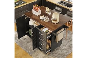 Huayz Isola da cucina autoportante con piano di lavoro pieghevole, carrello da cucina su 5 ruote, con ripiano e 2 cassetti, per sala da pranzo 129 × 71 × 91,5 cm (nero – B)