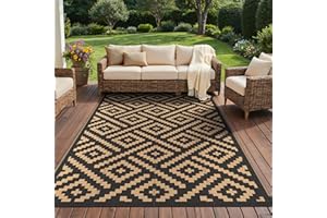 GENIMO Alfombra Exterior Terraza,Impermeable Reversible Plástico, Alfombra Barbacoa Exterior para Jardín, Picnic, Balcón, Rombo Marrón Negro, 180 x 275 cm