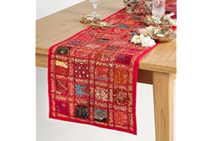RAJRANG Indian Patchwork Table Runner 30x182 cm Vintage Sari Hand Colorful Cotton Lollipop Red Placemat Decor Dining Table