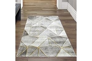 Teppich-Traum Designerski dywan do salonu, chodnik | łatwy w pielęgnacji | nowoczesny geometryczny wzór w kolorze szaro-złotym, wymiary 60 x 110 cm