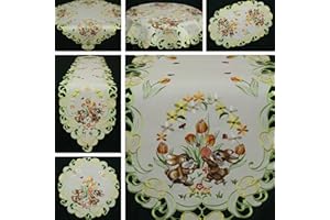 Quinnyshop Ostern Tischläufer/Tischdecke Weiß mit gelb-orange Tulpen, Marienkäfer Stickerei - Größe wählbar (ca. 30 cm Rund)