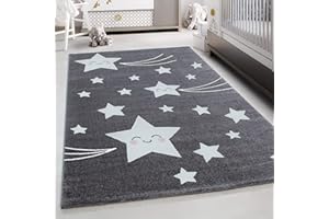 TEPPIUM Tapis pour Enfants avec Design étoiles, Doux et Moelleux, pour Chambre de bébé et Salle de Jeux, Tapis à Poils Courts, Confortable Taille: 120 cm Rund Couleur: Gris-2