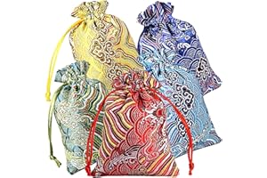 Pinowu Silk Brocade Jewelry Pouch Bag 10x14cm (10pcs) for Wedding Party Favors, Drawstring Coin Purse Embroidered Sachet Candy Chocolate Bag for Christmas New Year Birthday Party