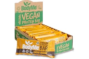 BodyMe Barritas Proteinas Veganas Organica | Crudo Cacao Naranja | 12 x 60g Barra Proteina Vegana | Sin Gluten | 16g Proteína Completa | 3 Proteina Vegetal | Aminoacidos Esenciales | Vegan Protein Bar