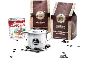 ‎VIETBEANS Vietnamesisches Kaffee-Starterset VietBeans Gemahlen - 2 x 250g + Filter (Phin) + gez. Kondensmilch - Vietnam - Hochwertiger vietnamesischer Kaffee