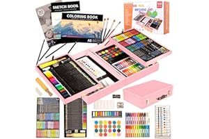 KINSPORY 168 pezzi valigetta colori bambina, pittura valigetta per bambini, Set per disegno, kit disegno acquarellabili bambini (Rosa)