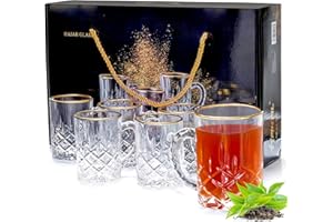 INTIGNIS Ensemble 6 Verres à Thé Marocain 210 ml – Verres Arabes/Turcs Facettés en Verre Borosilicate avec Bord Doré, Coffret Cadeau Premium pour Thé & Café