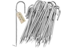 Graxury 40Packs 12inch Heavy Duty Trampoline Tents Anchor Ground Pegs - Galvanized Steel Rust-Proof J Hook Rebar Stakes Fit Trampolines Camp Garden Shed Swings with Chisel Point End