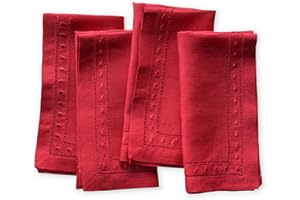 O'LUCIO AUTHENTIQUE HOME O'lucio Linen Napkins - Red 45 x 45 cm, Set of 4 Hemstitched Dinner Napkins Cloth with Embroidered Swiss Dot - Machine Washable, French Flax Natural Fabric