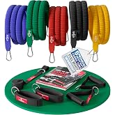 Set of Elastic Resistance Bands + Exercise Guide &ndash; Professional Bands: 5 Tubes + Anklet, Door Anchor &amp; Padded Handles | Fitne