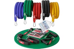 BEMAXX Juego de Bandas de Resistencia elásticas + guía de Ejercicios – Cintas Profesionales: 5 Tubos + Tobillera, Anclaje para Puerta & Asas Acolchadas | Fitness, Gimnasio, Deporte, Culturismo