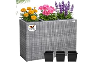 ‎CASARIA Casaria® Blumenkasten 3 Innentöpfe Polyrattan Herausnehmbar Wasserablauf Outdoor Rechteckig Pflanzkasten Blumentopf Hochbeet Pflanzkübel Grau