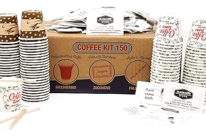 AURACAFFE' Kit Accessori Caffè – 600 Bicchierini in Carta 75ml con Grafica, 600 Palettine e 600 Bustine di Zucchero – Set accessori caffe – Made in Italy