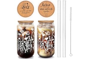 ANOTION Wildflower – Tasses en verre avec couvercles et pailles, tasse à café glacé en forme de canette de bière, tasse à café réutilisable de 591 ml, cadeau pour femme, sœur, maman