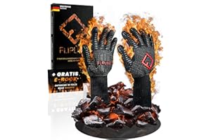 FLIPLINE® Gants de Gril résistants à la Chaleur - Gants ignifuges de qualité supérieure, Gants de Four, Gants de Cuisson, Gants de Cuisson pour Cuisine et Grill - Gants de Barbecue avec E-Book (M)