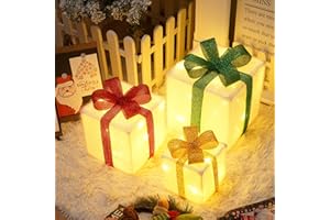 Aluusy Juego de 3 Cajas de Regalo Navidad con Luces, 50 LED Cajas Regalo Decorativo con Control Temporizador, 8 Modos Caja Iluminada Luces Navideña Decorativa para Árbol Navidad, Tela Afelpada Larga
