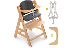 hauck Alpha Plus Trona Evolutiva Bebe con Arnés de 5 Puntos y Cojín de 2 Piezas, Trona Madera Evolutiva, Tronas de Bebe Evolutiva, Natur/Gris
