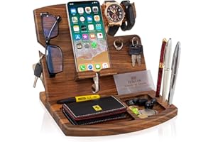 TESLYAR Organiseur Multifonctionnel de Noyer Nature en Bois avec Crochets Montres Noël Cadeau pour Hommes Organisateur de Montre Organisateur de Montre pour Homme Cadeau de Mari Femme