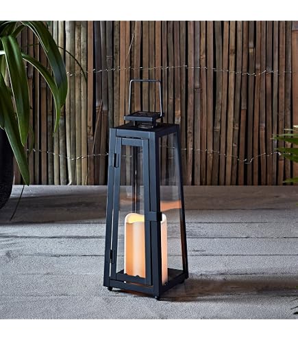 Lights4fun Lanterne Noire de 60 cm avec Bougie LED TruGlow à Flamme Vacillante à Piles avec Minuterie Résistante aux Intempéries264 - Maison