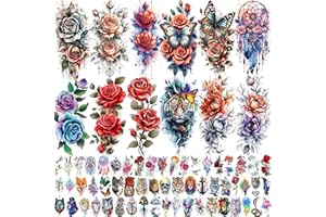 COKTAK 69 Sheets Watercolor 3D Rose Flowers Temporary Tattoos For Women Girls Adults, Long Lasting Peony Florals Fake Tattoo Stickers Dreamcatcher, Colorful Bulk Half Arm Sleeve Tattoo Butterfly Tiger