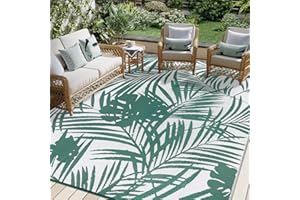 Famibay Tappeto per Esterno Motivo a Foglie Verdi Elegante Tappeto Impermeabile Eeversibili e Resistente ai Raggi UV per Giardino, Patio, Spiaggia, Picnic, Campeggio, Cortile 245 x 305 cm