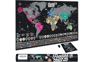 Bonanzana - Weltkarte zum Rubbeln XXL - 70 x 42 cm - Mit 25 Lebensmitteln & 197 Flaggen - Rubbelweltkarte Foodies mit Schaber - Scratch off World Map - Geschenk