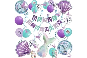 UOMYLEIR Mermaid Birthday Decorations, Happy Birthday Banner for Girls, Glitter Hanging，Butterfly Birthdays Party Decoration Bunting Banner with Balloons Supplies