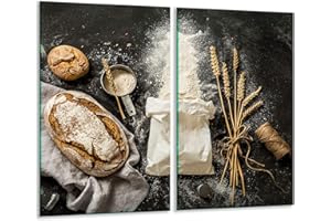 TMK ARTDEKO TMK - Plaque de protection universelle pour plaque de cuisson 2 x 30 x 52 cm Pour plaques de cuisson Protection contre les éclaboussures Planche a découper en verre trempé Décoration, motif pain