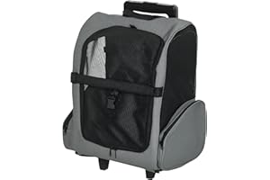 PawHut Transportín Carrito para Mascotas 2 en 1 Mochila de Viaje con 2 Ruedas para Perros Gatos con Asa Retráctil de Aluminio y Bolsillos de Almacenaje 42x25x55 cm Gris
