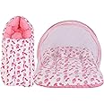 Babloo Baby Bed New Born Baby Bedding Set | Mosquito Net | Sleeping Bag | Mattress | Carry Bag | Essentials Combo | Cotton | Infants | Boys & Girls | Beds | Cot Mattresses (0-6 Months) Pink