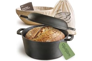 Praknu Gjutjärnsgryta för Brödbakning 26 cm – Dutch Oven Set – Med Jäskorg och Brödpåse – Gryta med Lock – 4,7 L Gjutjärn
