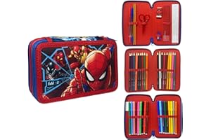 CARTOON Astuccio triplo 3 zip Spiderman Marvel completo 44 pezzi cancelleria per la scuola multiscomparto penne matite colori pennarelli giotto